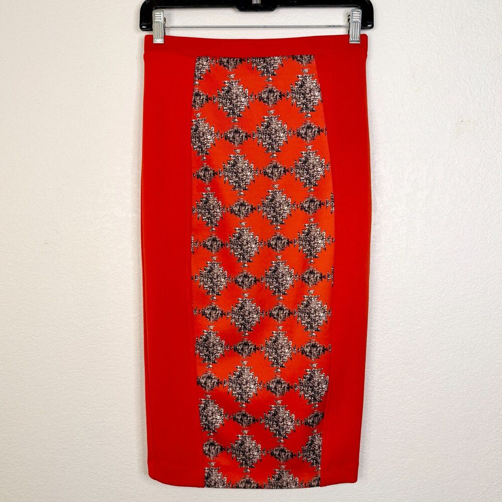 XOXO Red Orange Geometric Print Panel Pencil Midi Skirt Size Small